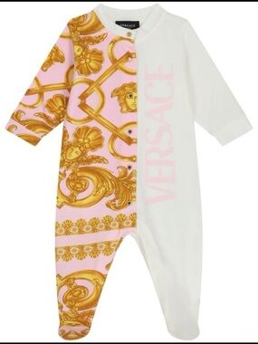 Versace Kids Pink, White & Gold Barocco Footed One-Piece